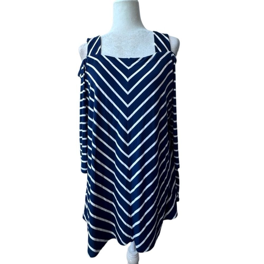 Catherines Navy and White Cold Shoulder Striped Jersey Top SX 0X